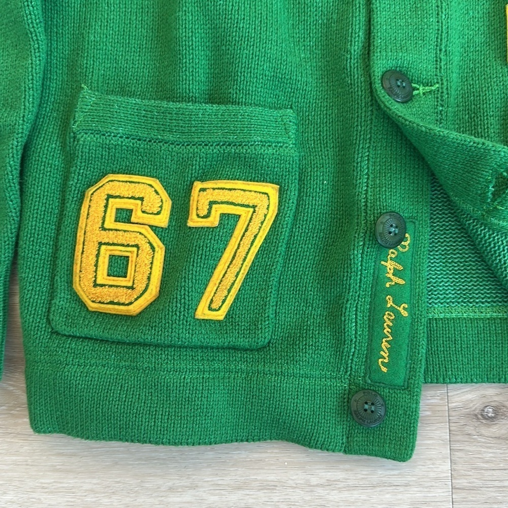 Polo by Ralph Lauren Green Wool Varsity Cardigan with Yellow Patch - Picture 10 of 11
